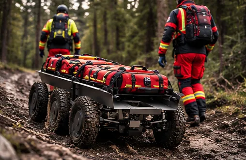 Dva záchranáři kráčí lesem, za nimi jede Astrum Rescue s nákladem (vizualizace)