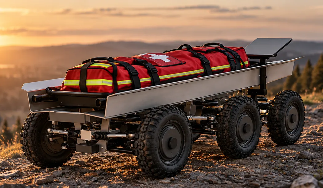 Astrum Rescue s nákladem na horském hřebeni při západu slunce, v dálce zalesněné kopce (vizualizace)
