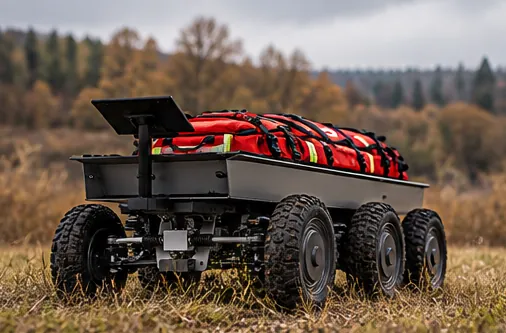 Astrum Rescue s nákladem na podzimní louce, pohled zezadu (vizualizace)