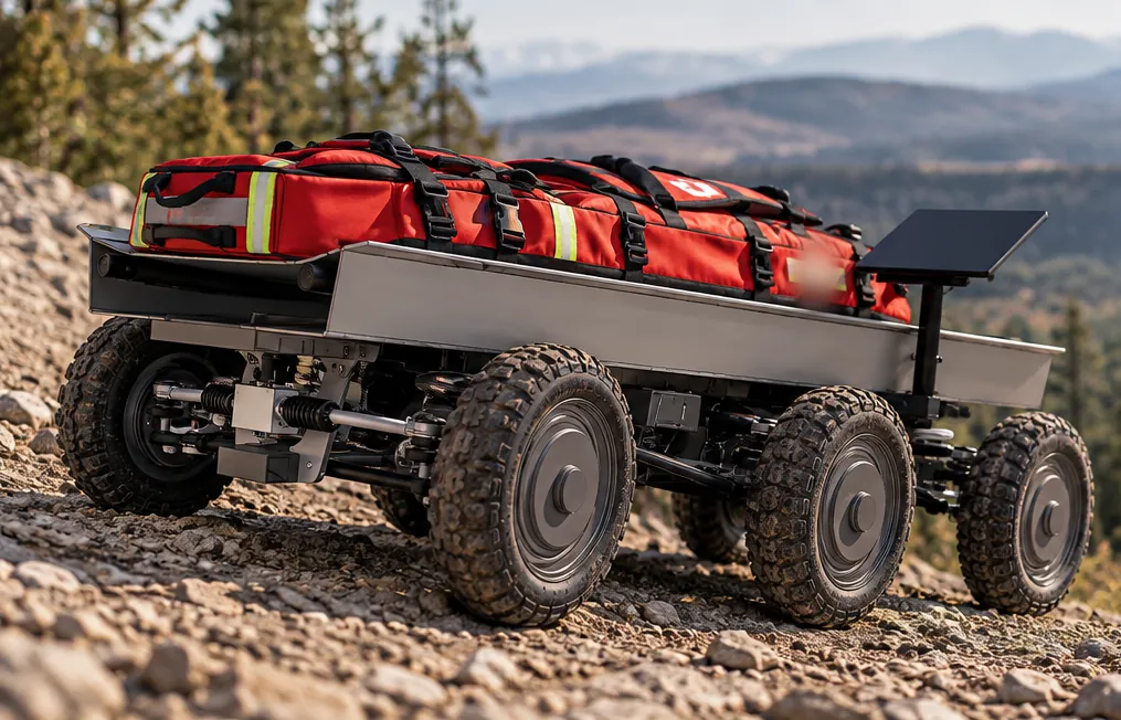 Astrum Rescue se záchranářským nákladem na kamenitém horském svahu (vizualizace)
