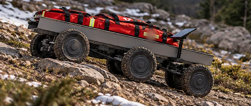 Astrum Rescue projíždí zasněženým skalnatým terénem (vizualizace)