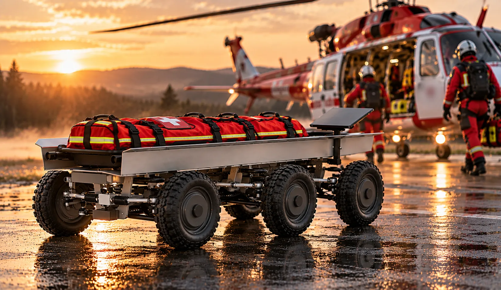 Astrum Rescue s nákladem na mokré ploše u záchranářského vrtulníku, kolem záchranářů, západ slunce (vizualizace)
