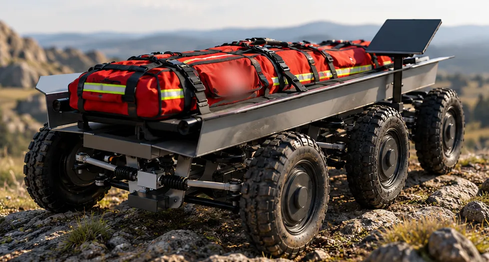 Astrum Rescue se záchranářskými vaky na skalnatém horském hřebeni (vizualizace)